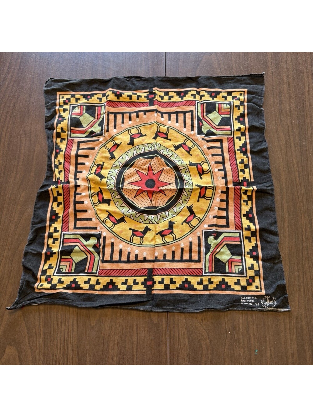 Vintage 80s/90s Southwest Raven Bandana Scarf Aztec Handkerchief USA